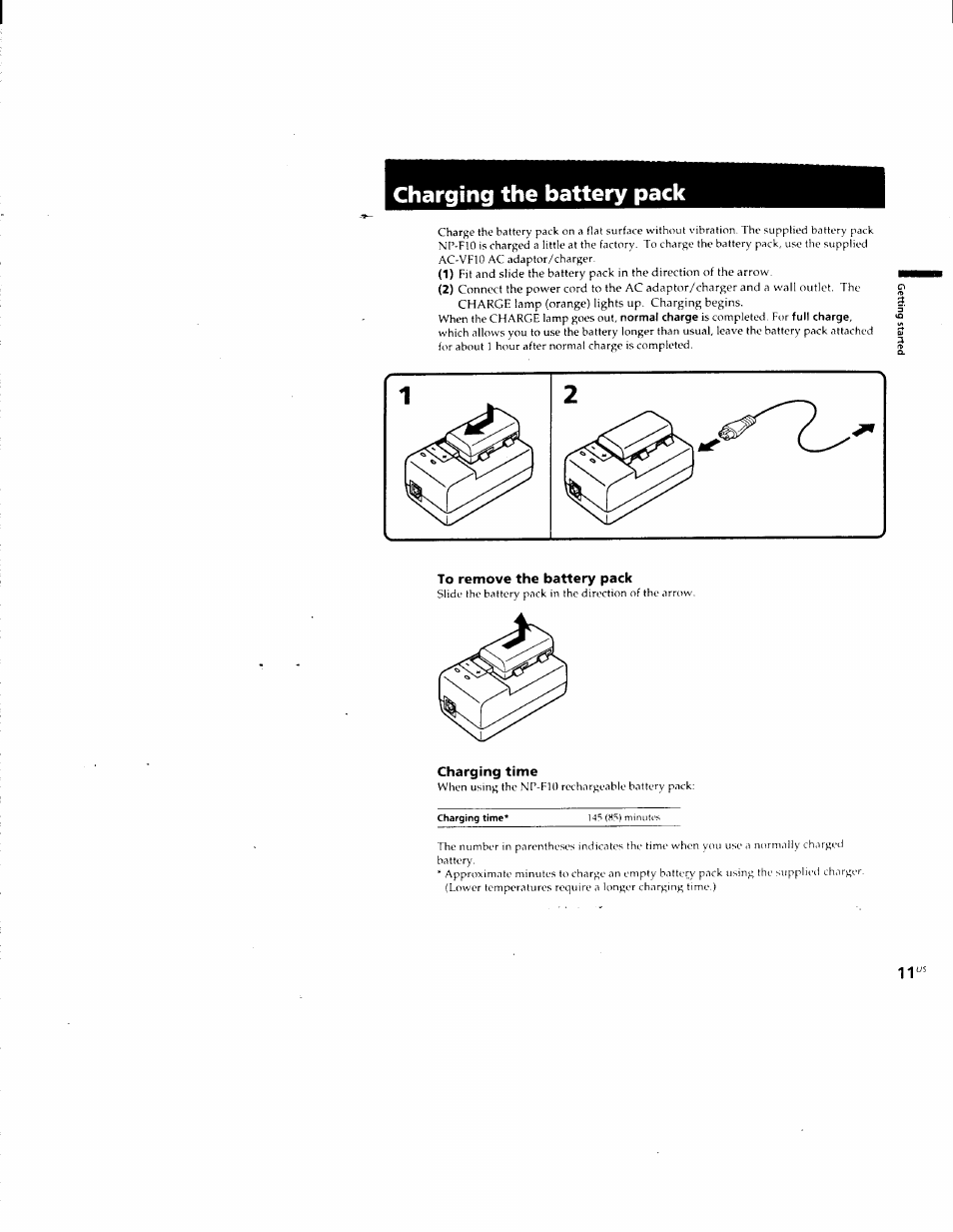 Charging the battery pack, To remove the battery pack, Charging time | Sony CCD-CR1 User Manual | Page 11 / 29