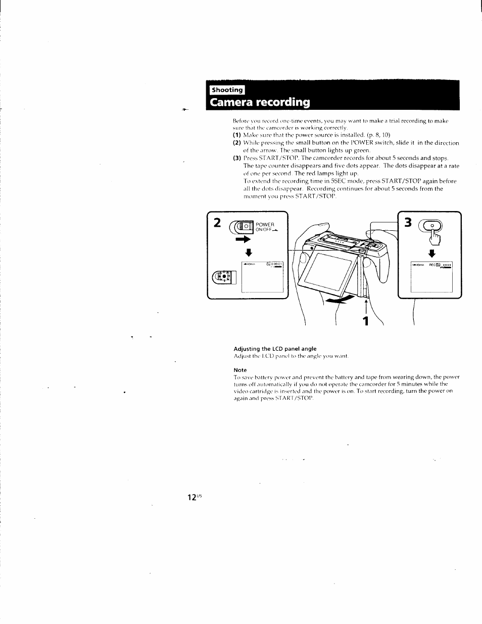 Camera recording, Adjusting the lcd panel angle, Note | Sony CCD-CR1 User Manual | Page 12 / 29