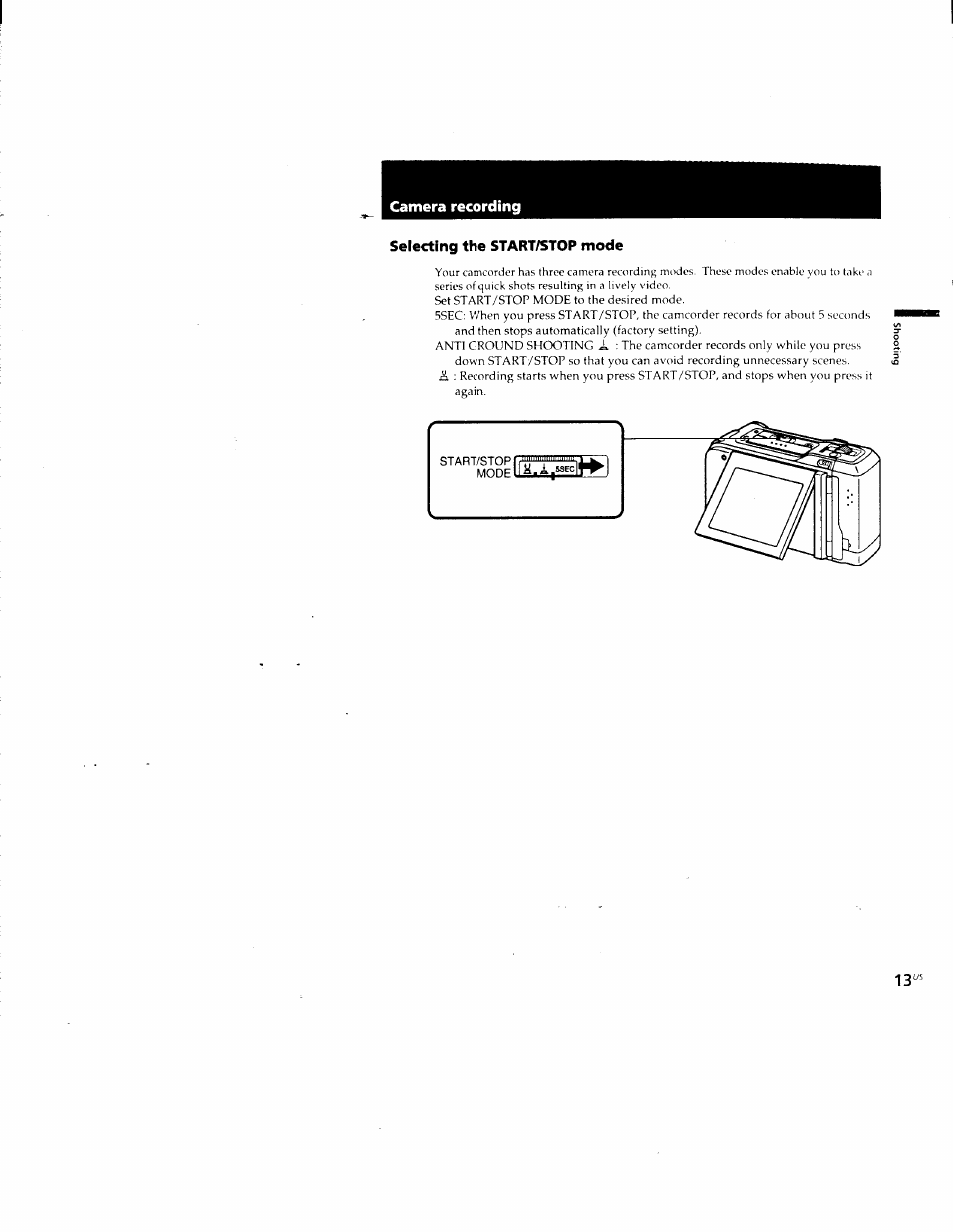 Camera recording, Selecting the start/stop mode | Sony CCD-CR1 User Manual | Page 13 / 29