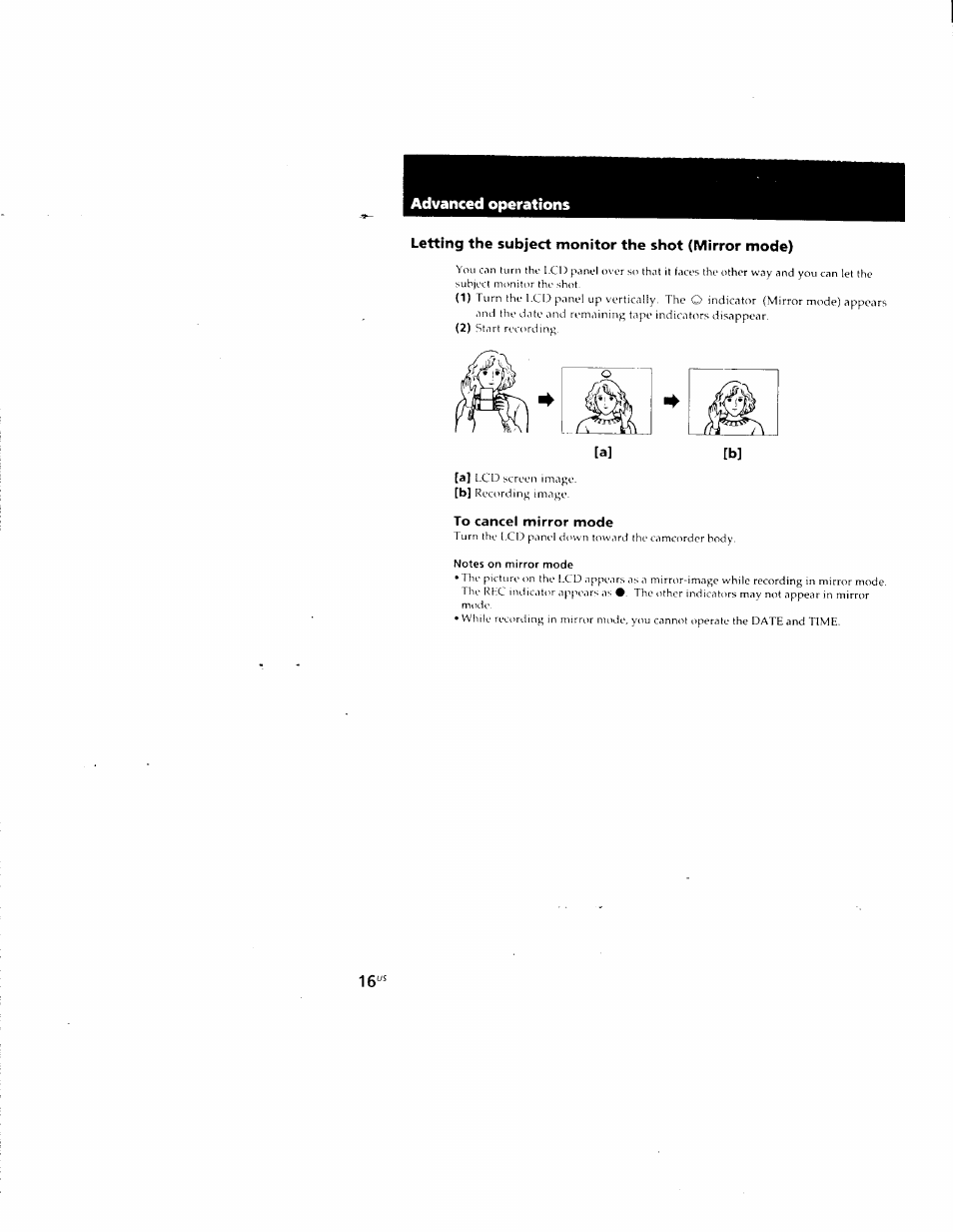To cancel mirror mode, Notes on mirror mode | Sony CCD-CR1 User Manual | Page 16 / 29