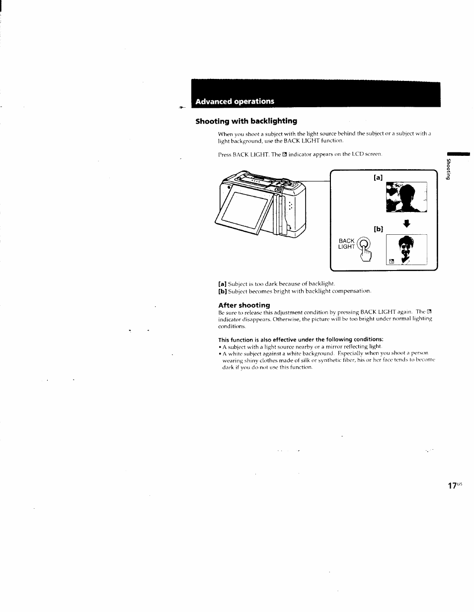 Shooting with backlighting, After shooting, Advanced operations shooting with backlighting | Sony CCD-CR1 User Manual | Page 17 / 29