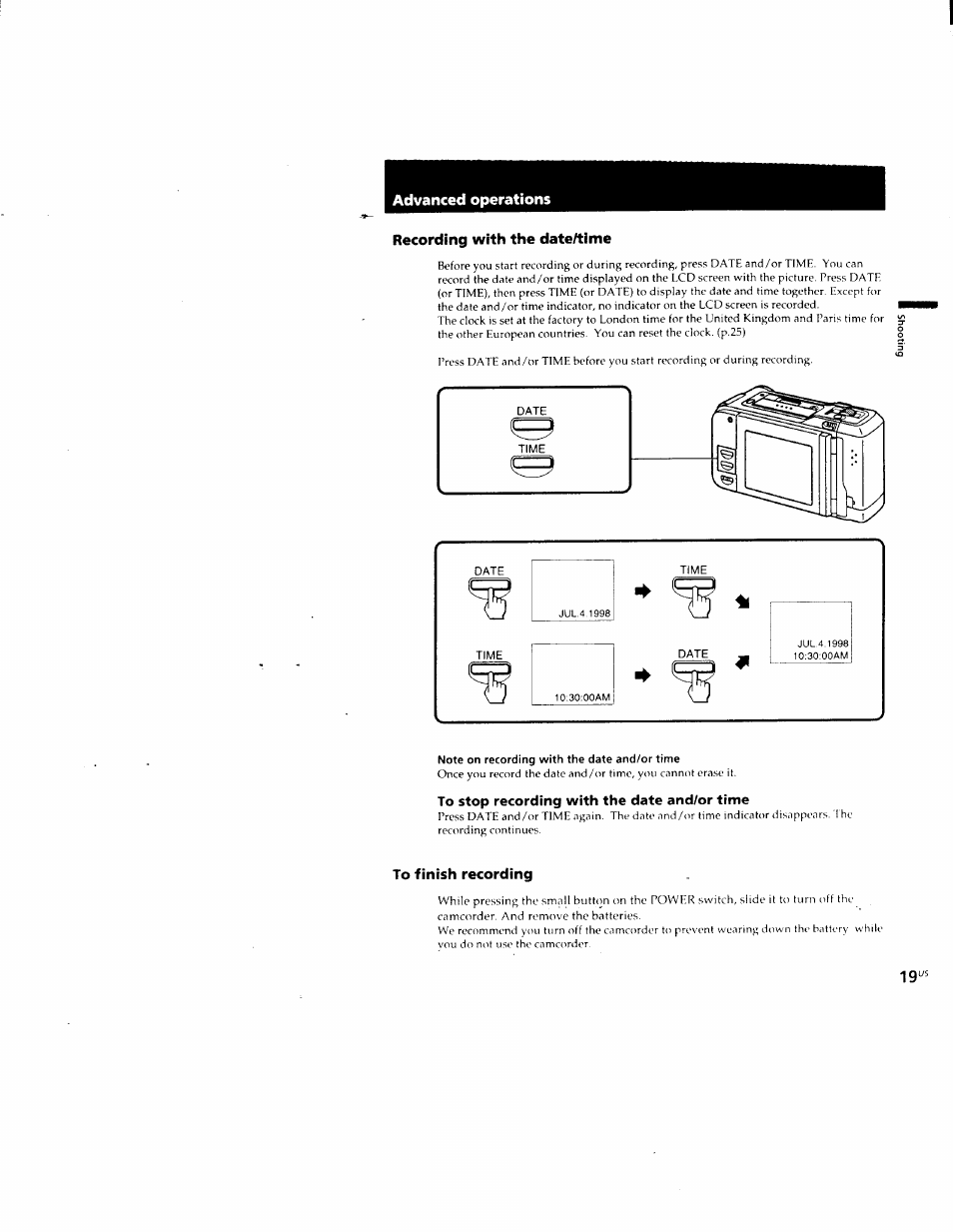 Recording with the date/time, Note on recording with the date and/or time, To stop recording with the date análor time | To finish recording | Sony CCD-CR1 User Manual | Page 19 / 29