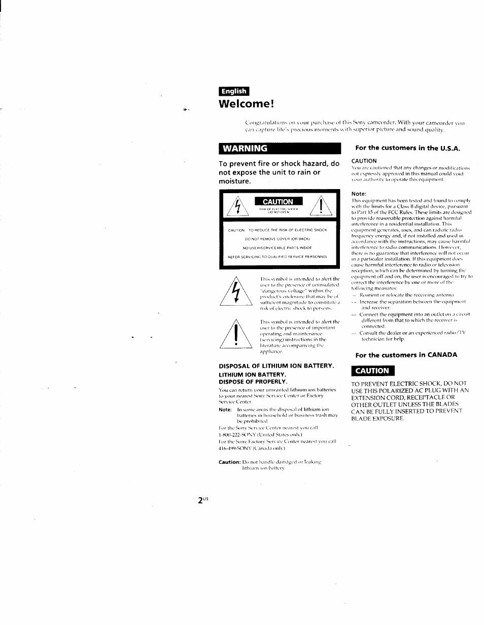 English, Welcome, For the customers in the u.s.a | Caution, Note, For the customers in canada, Warning | Sony CCD-CR1 User Manual | Page 2 / 29