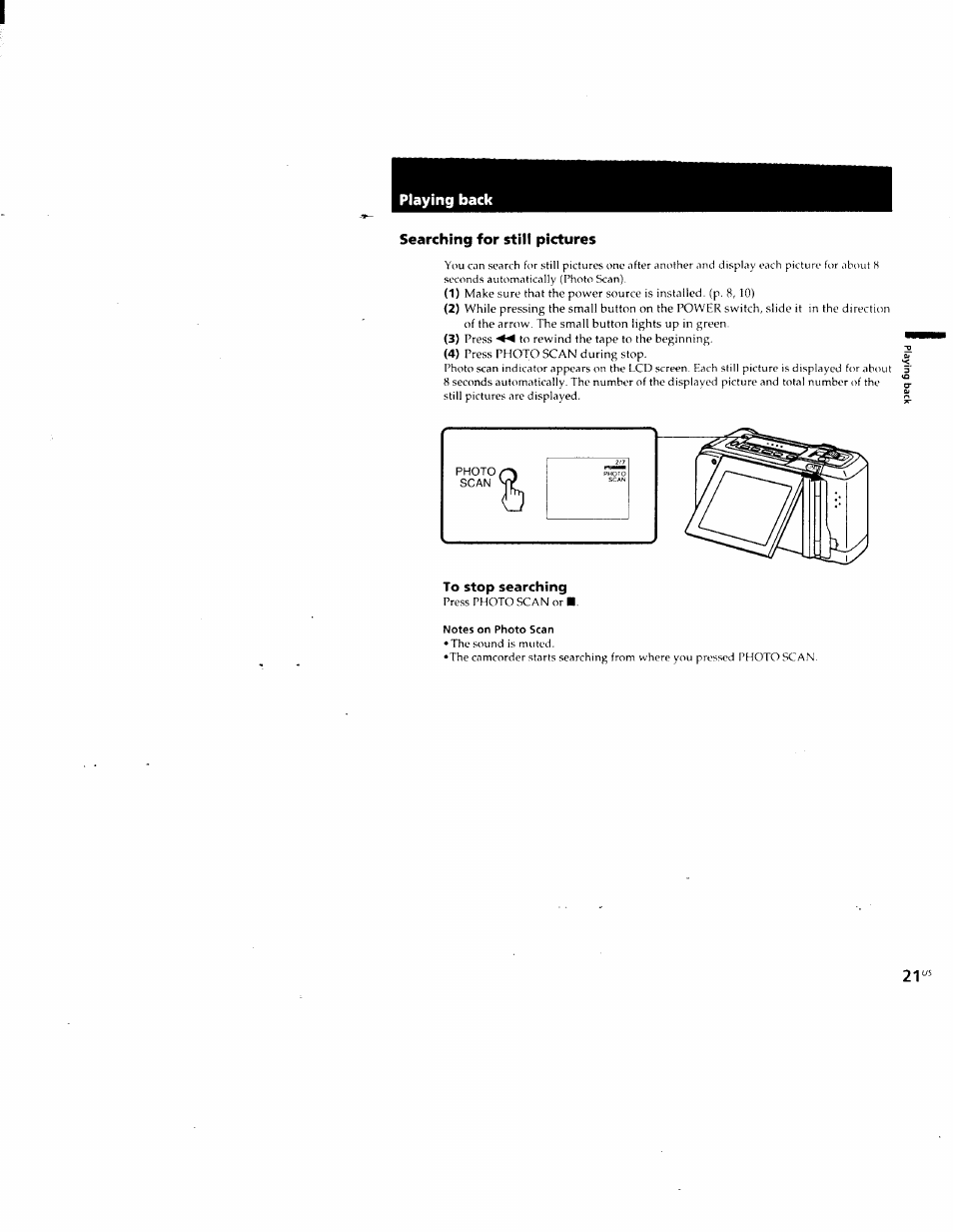Playing back, Searching for still pictures, To stop searching | Notes on photo scan, Playing back searching for still pictures | Sony CCD-CR1 User Manual | Page 21 / 29