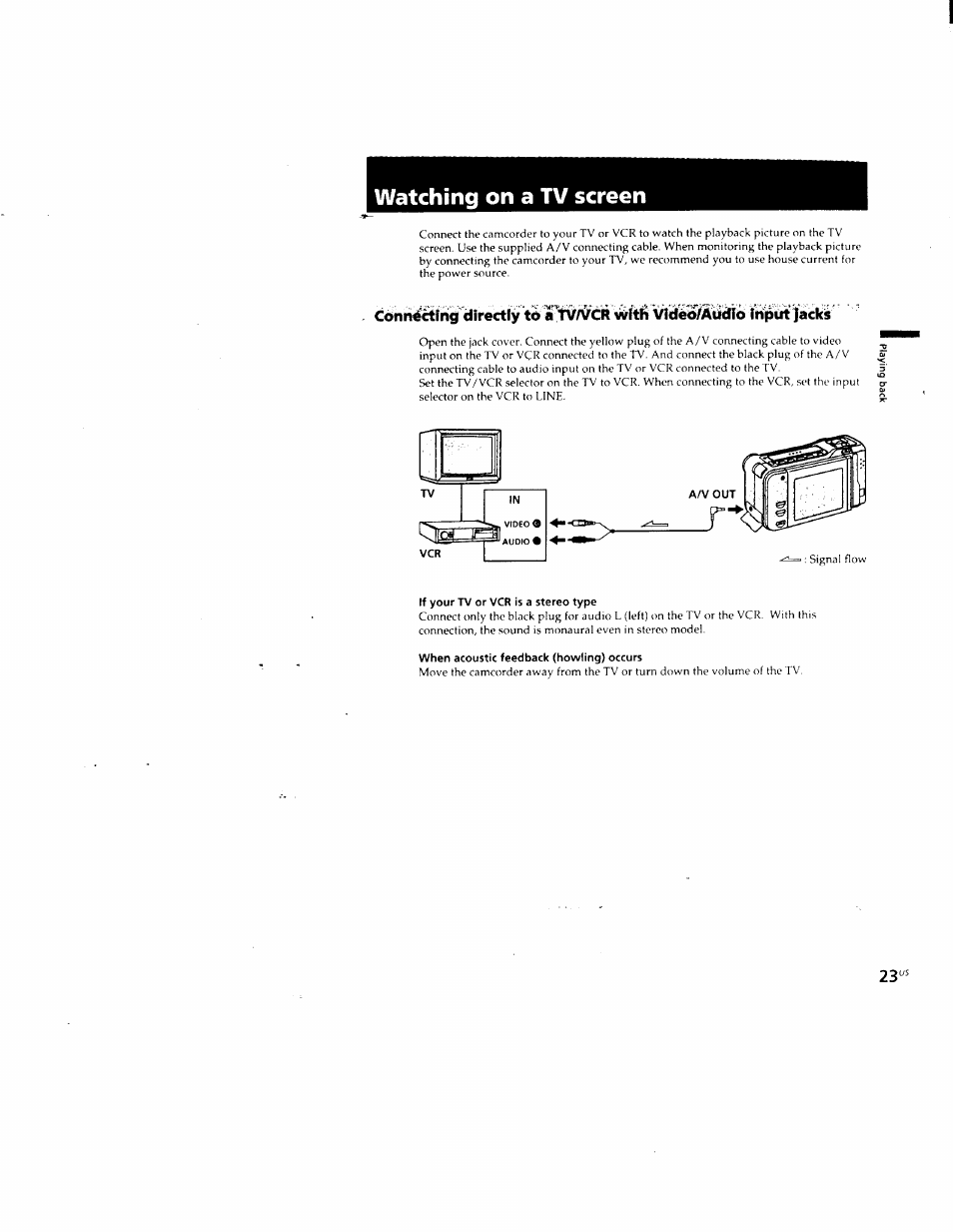 Watching on a tv screen, If your tv or vcr is a stereo type, When acoustic feedback (howling) occurs | Sony CCD-CR1 User Manual | Page 23 / 29