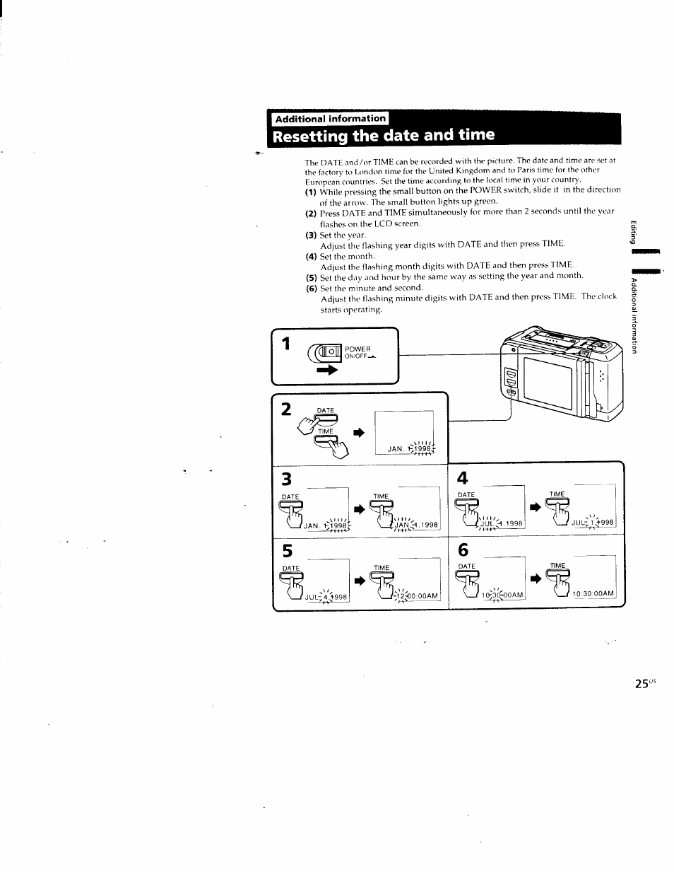 Resetting the date and time | Sony CCD-CR1 User Manual | Page 25 / 29