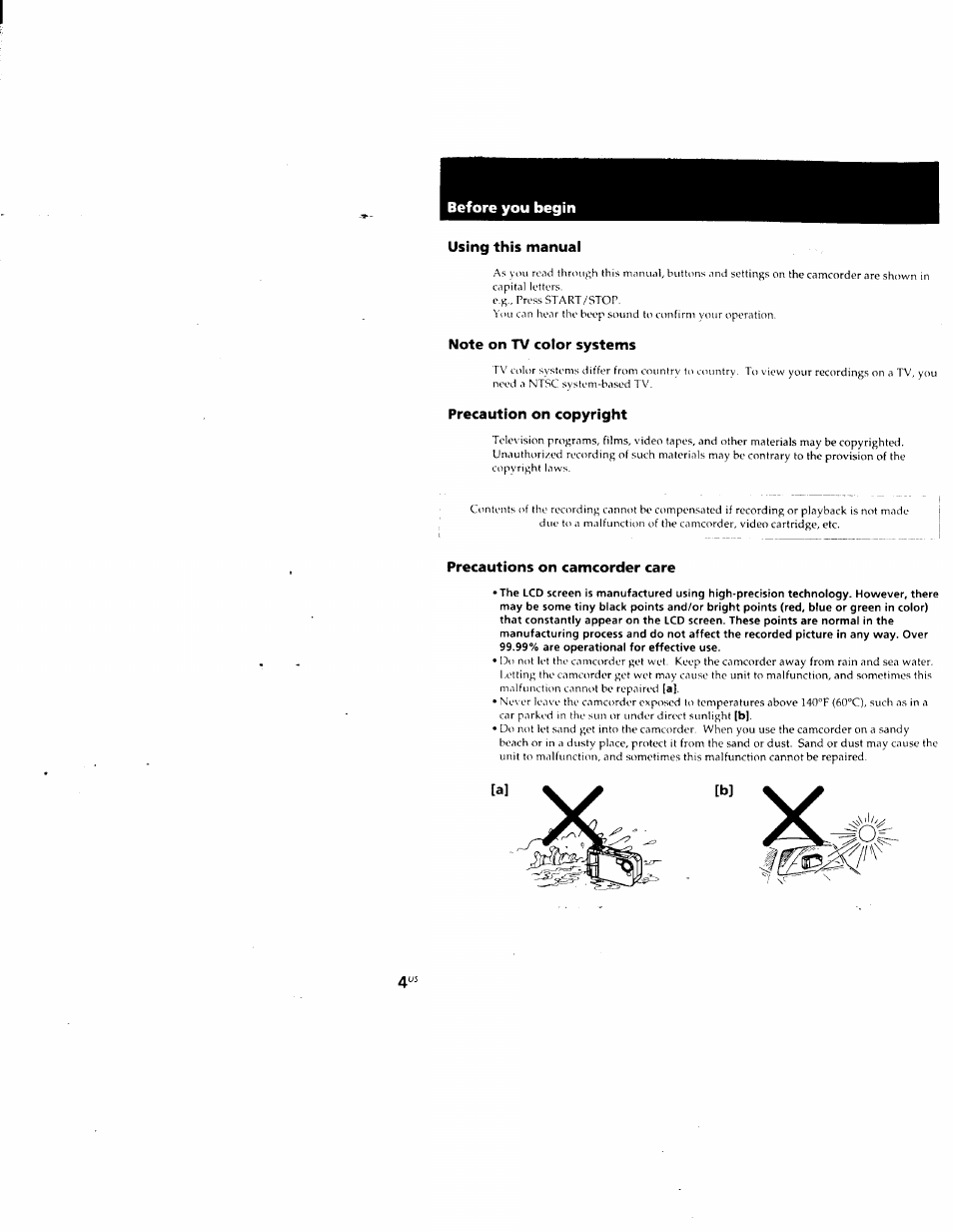 Before you begin, Using this manuai, Note on tv color systems | Precaution on copyright, Precautions on camcorder care, Before you begin using this manuai | Sony CCD-CR1 User Manual | Page 4 / 29