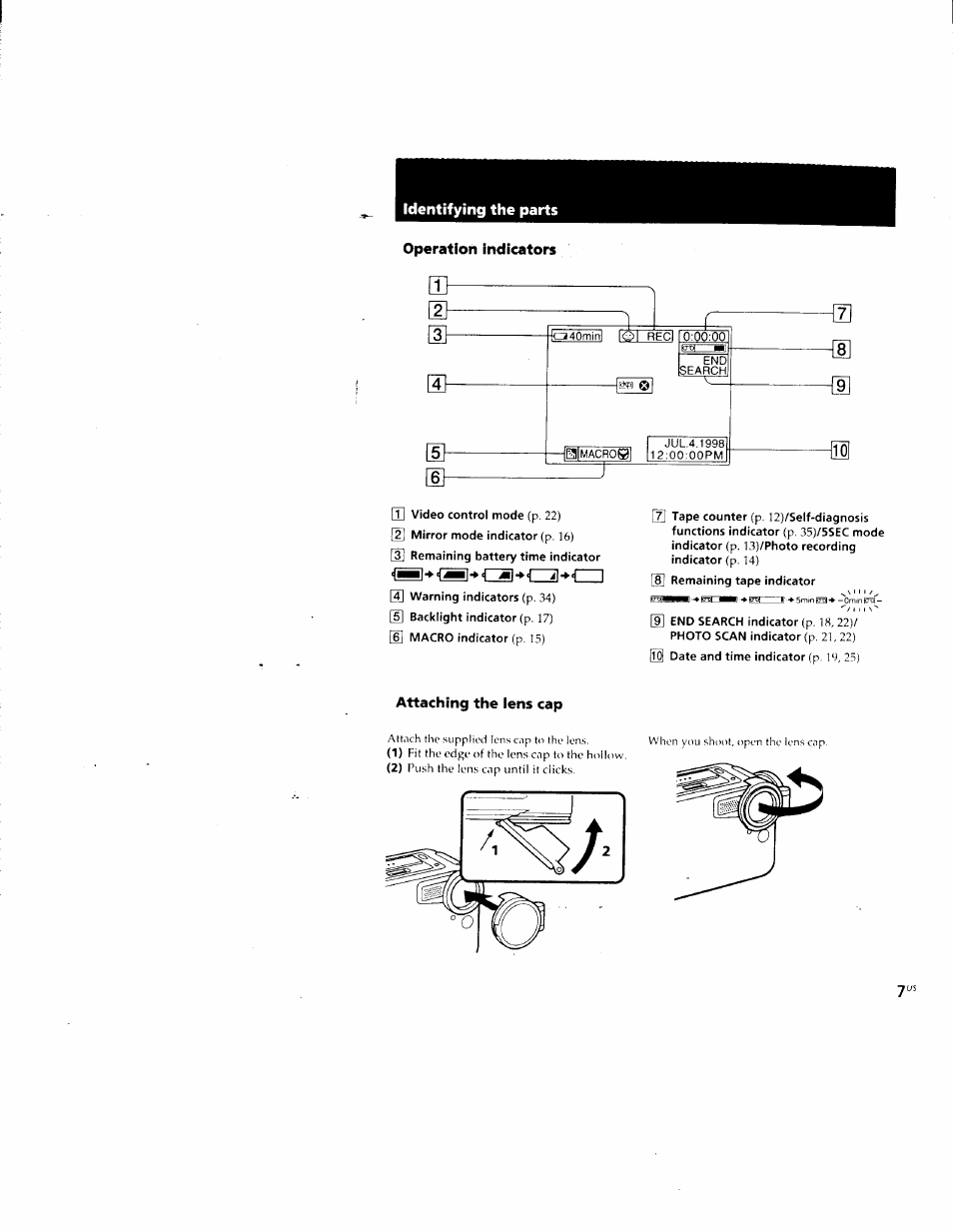 Identifying the parts, Operation indicators, Attaching the lens cap | Identifying the parts operation indicators | Sony CCD-CR1 User Manual | Page 7 / 29