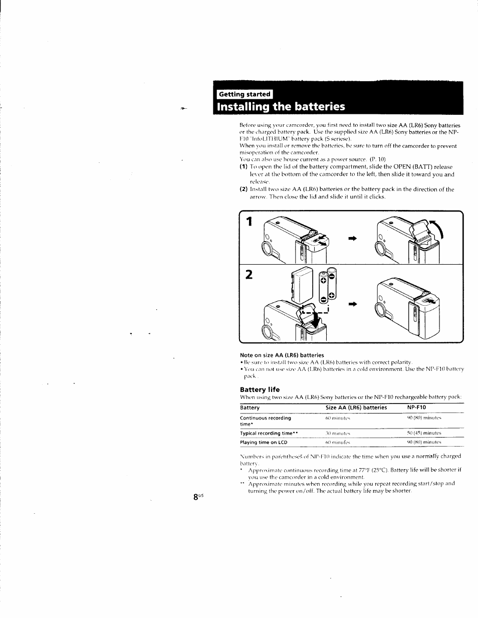 Installing the batteries, Note on size aa (lr6) batteries | Sony CCD-CR1 User Manual | Page 8 / 29