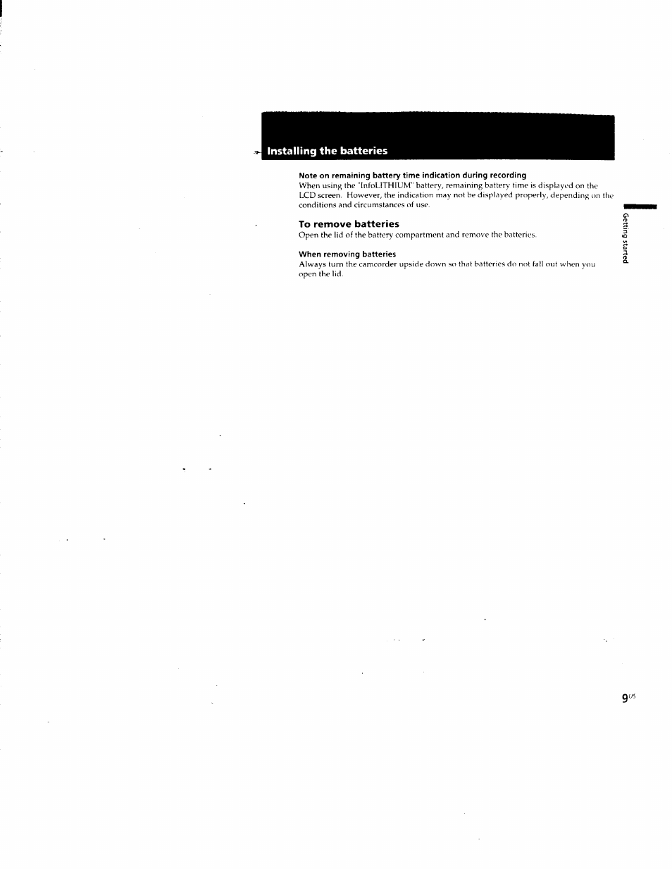 Installing the batteries, To remove batteries, When removing batteries | Sony CCD-CR1 User Manual | Page 9 / 29