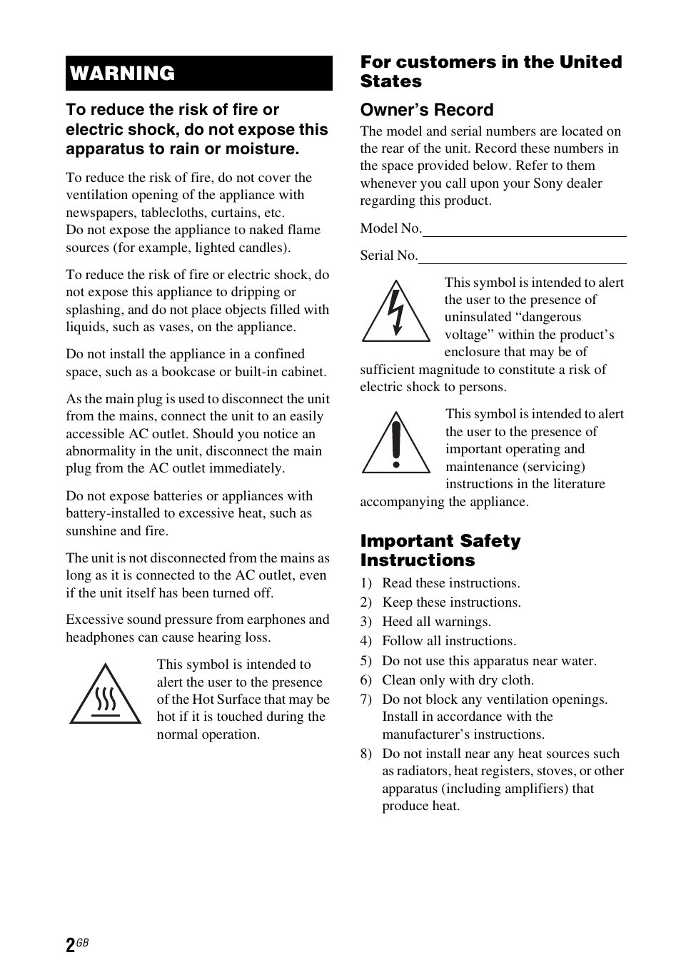 Warning | Sony STR-DH740 User Manual | Page 2 / 88