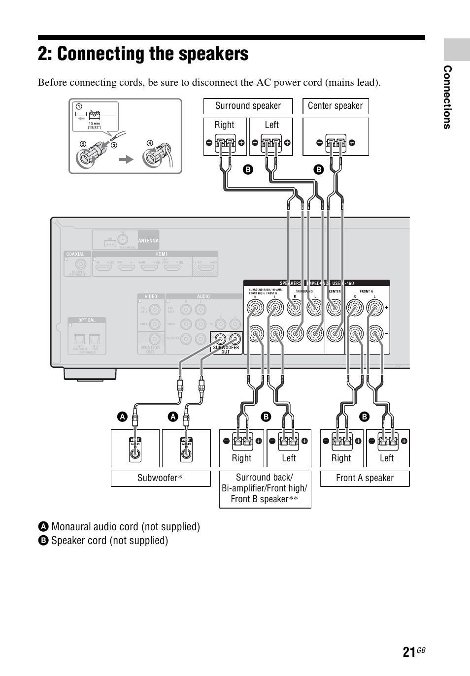 Connecting the speakers | Sony STR-DH740 User Manual | Page 21 / 88