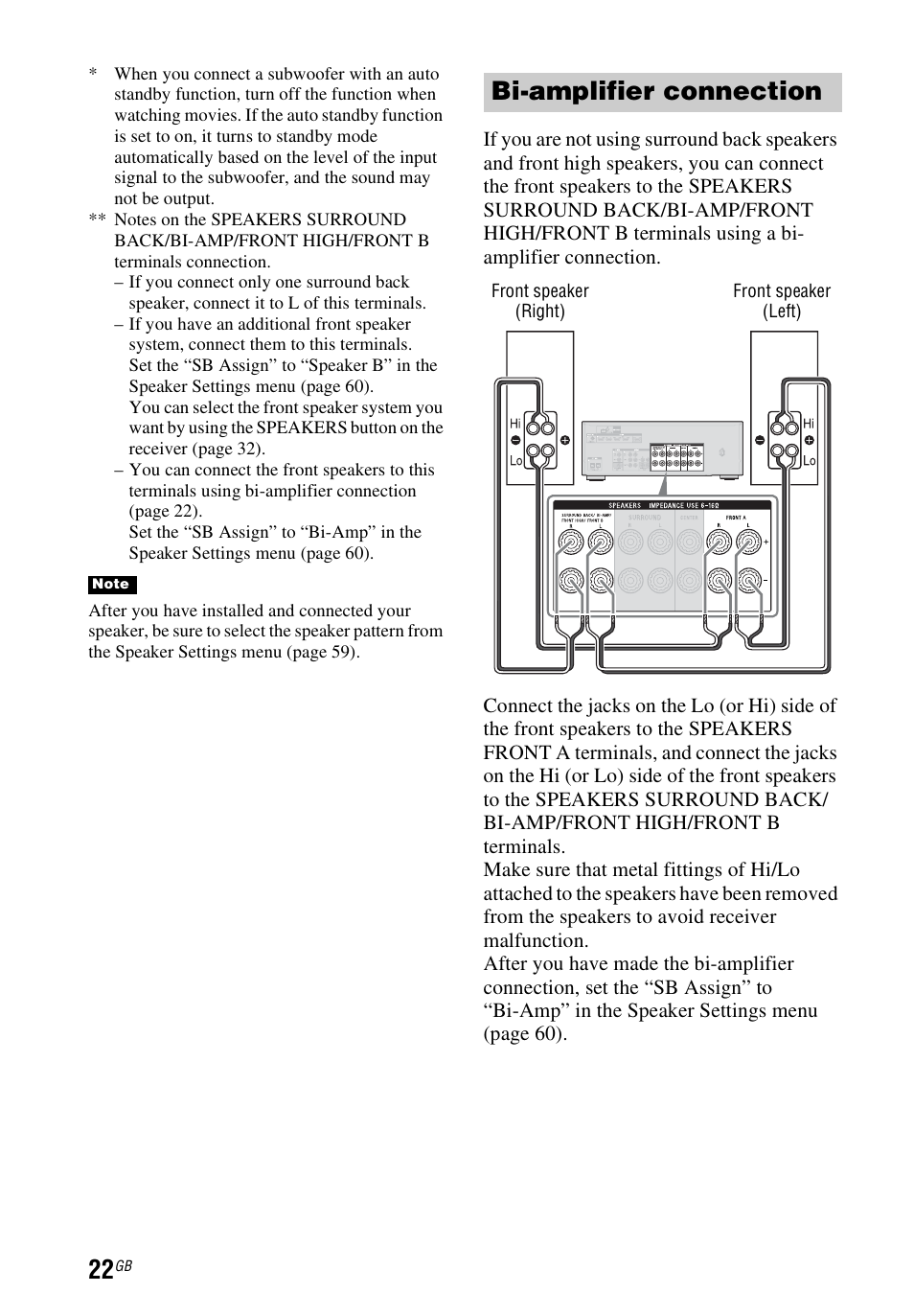 Bi-amplifier connection | Sony STR-DH740 User Manual | Page 22 / 88