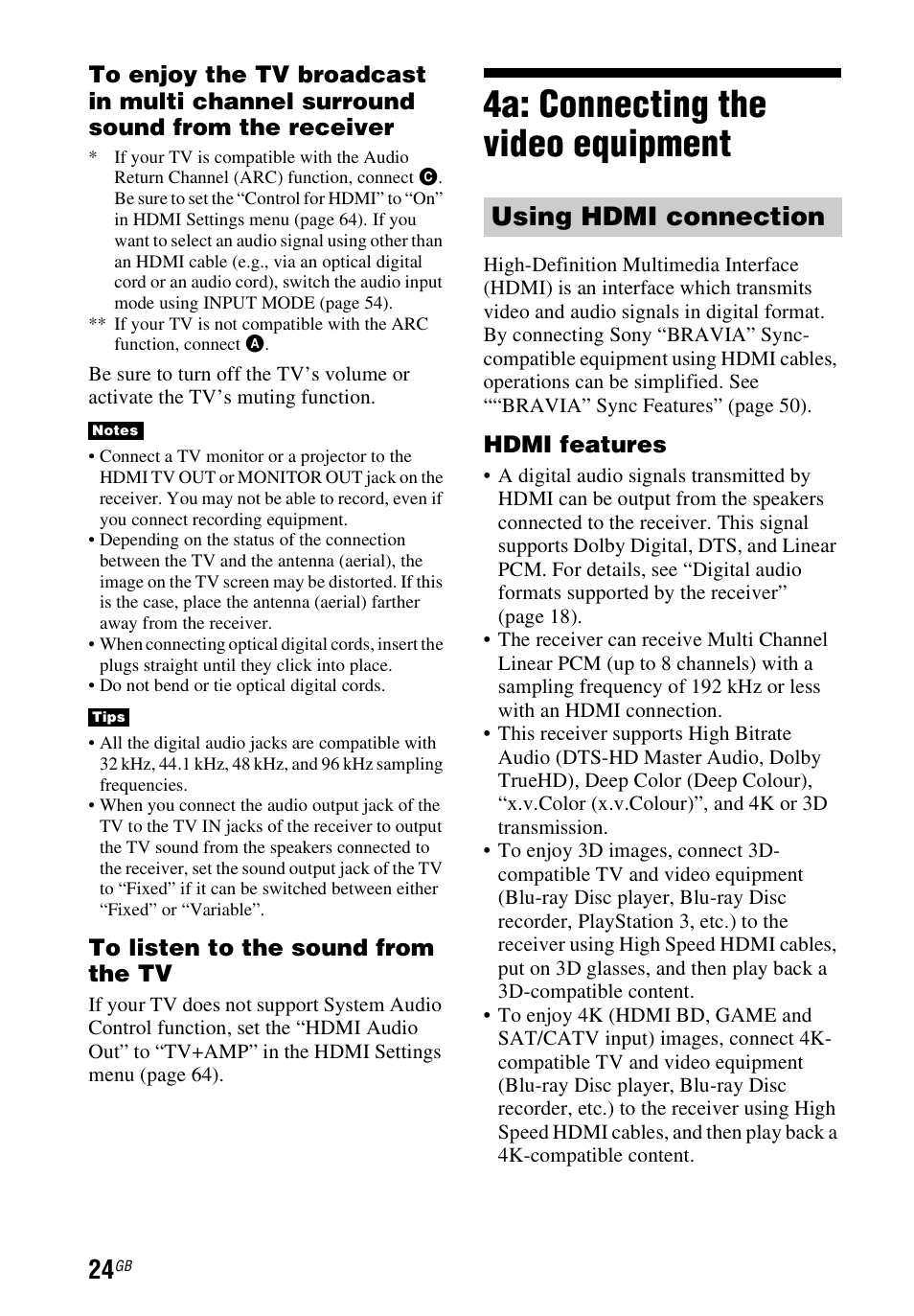 4a: connecting the video equipment, 4a: connecting the video, Equipment | Using hdmi connection, Hdmi features | Sony STR-DH740 User Manual | Page 24 / 88