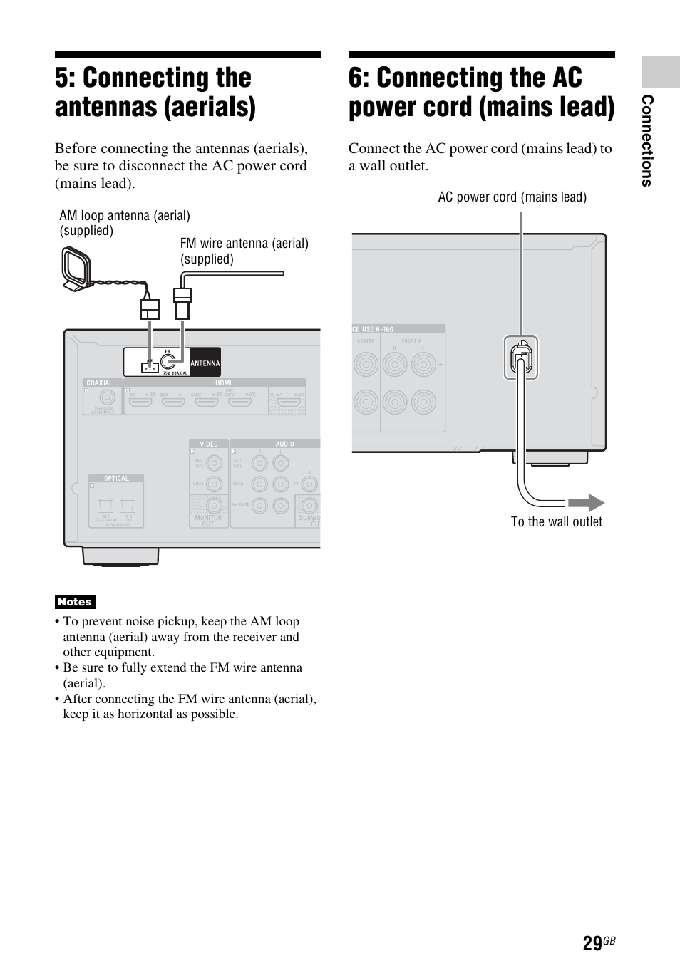 Connecting the antennas (aerials), Connecting the ac power cord (mains lead), Connecting the antennas | Aerials), Connecting the ac power cord, Mains lead) | Sony STR-DH740 User Manual | Page 29 / 88