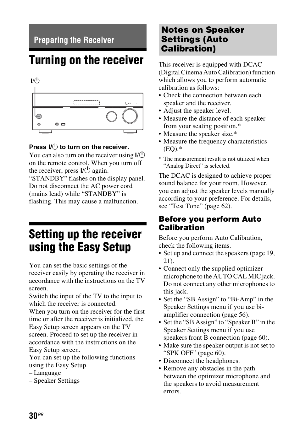 Preparing the receiver, Turning on the receiver, Setting up the receiver using the easy setup | Easy setup | Sony STR-DH740 User Manual | Page 30 / 88