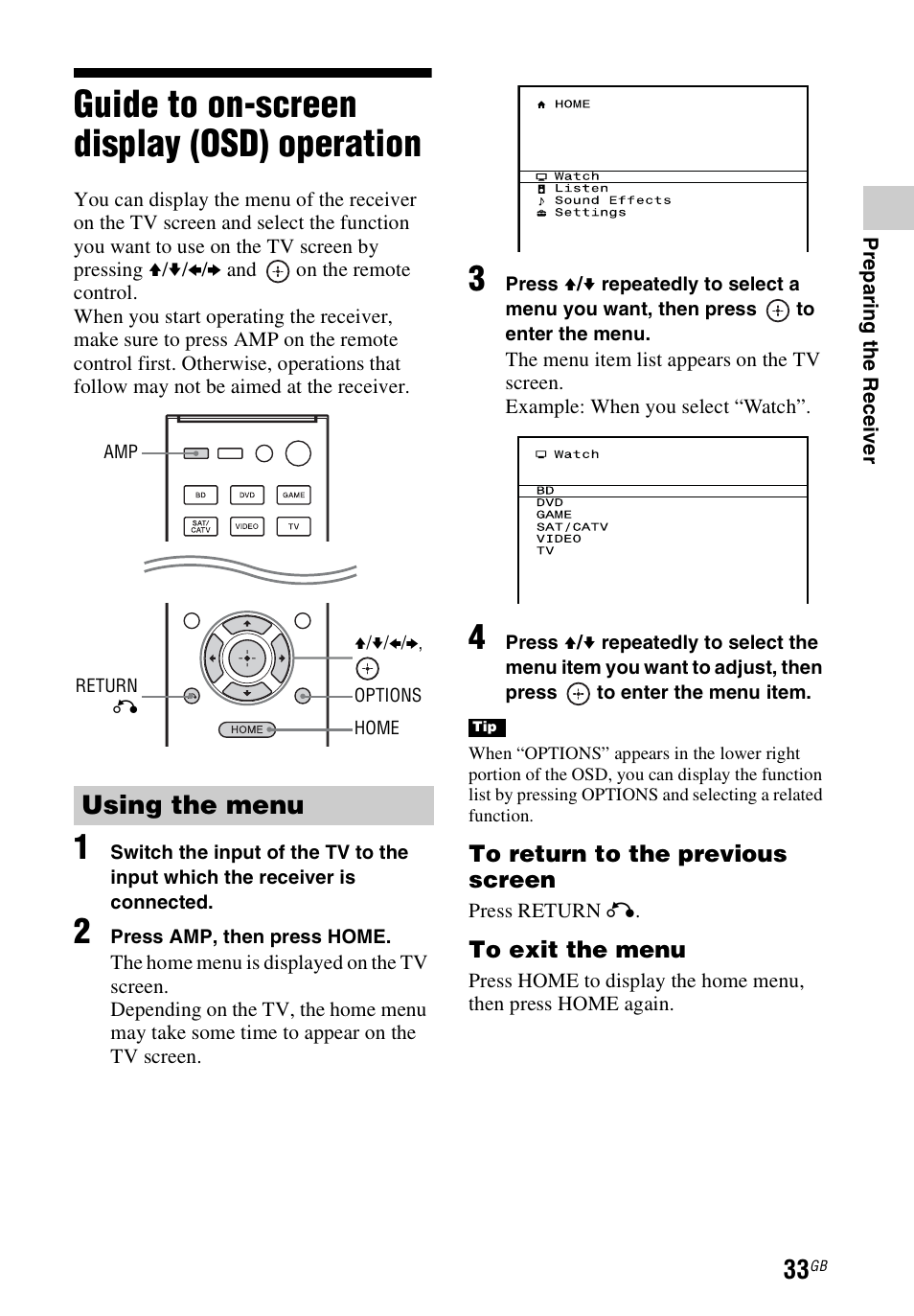 Guide to on-screen display (osd) operation, Guide to on-screen display (osd), Operation | Using the menu | Sony STR-DH740 User Manual | Page 33 / 88