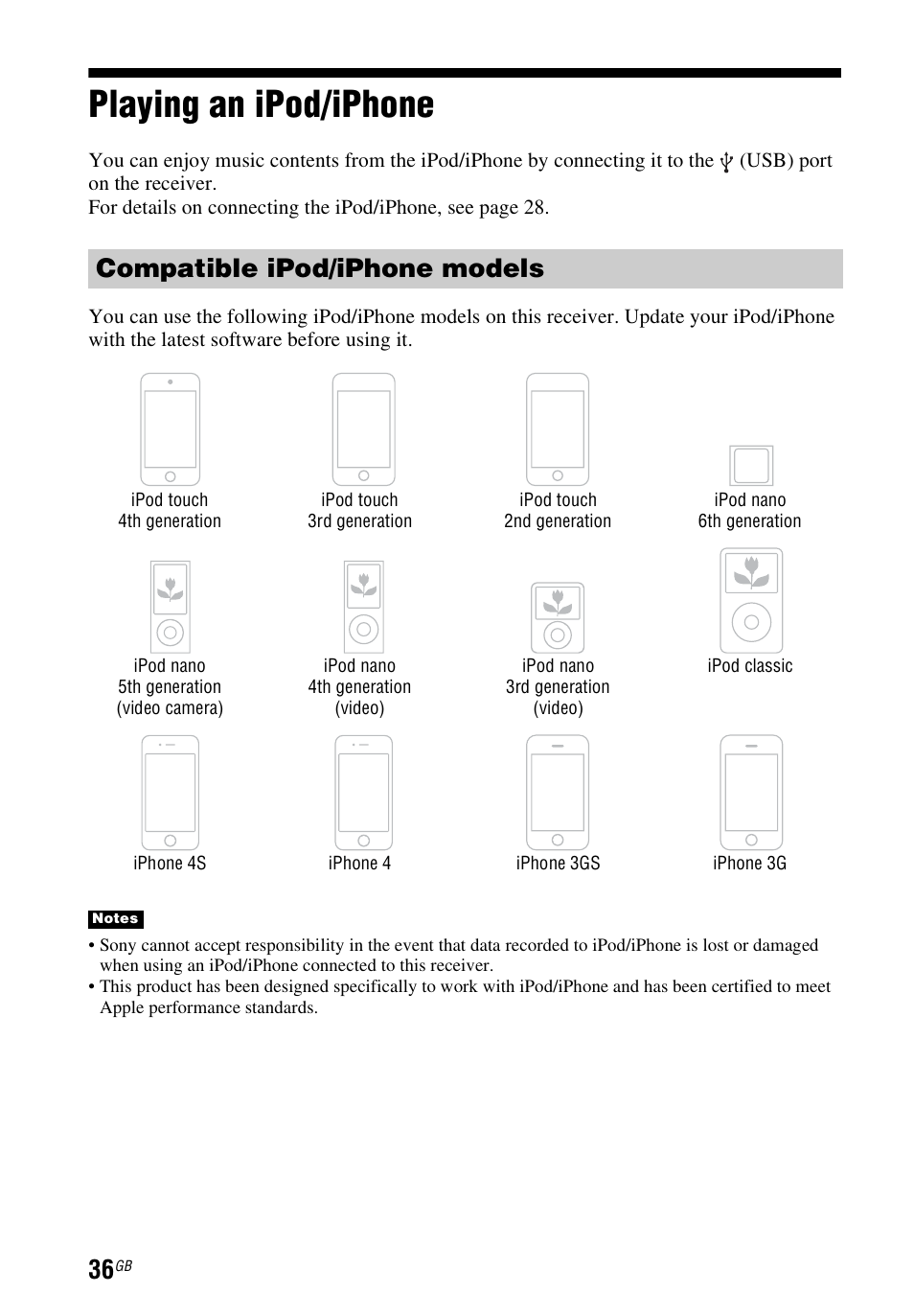 Playing an ipod/iphone, Compatible ipod/iphone models | Sony STR-DH740 User Manual | Page 36 / 88