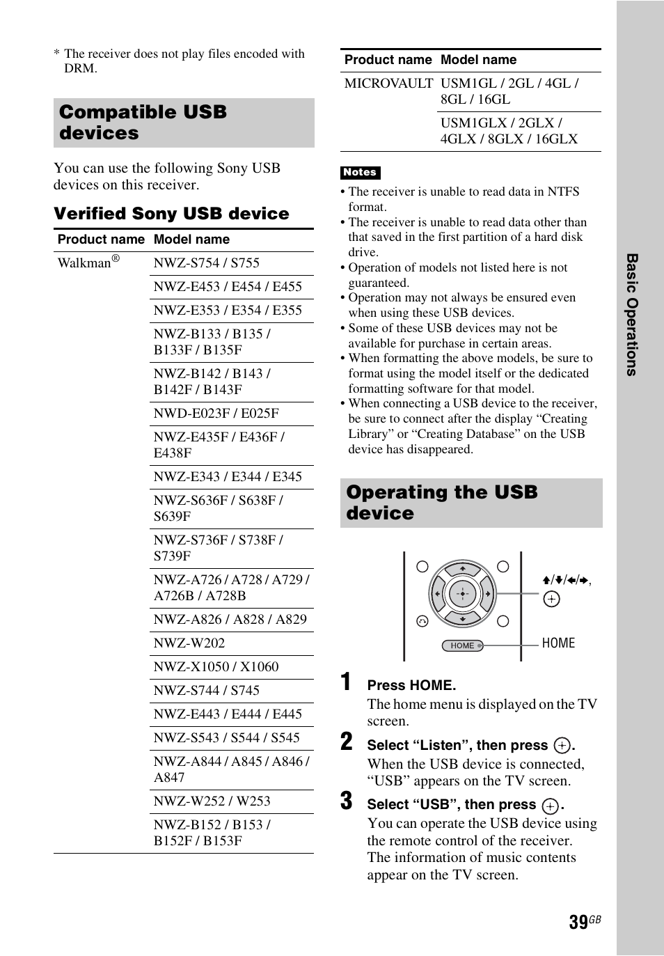 Compatible usb devices, Operating the usb device, Verified sony usb device | Sony STR-DH740 User Manual | Page 39 / 88