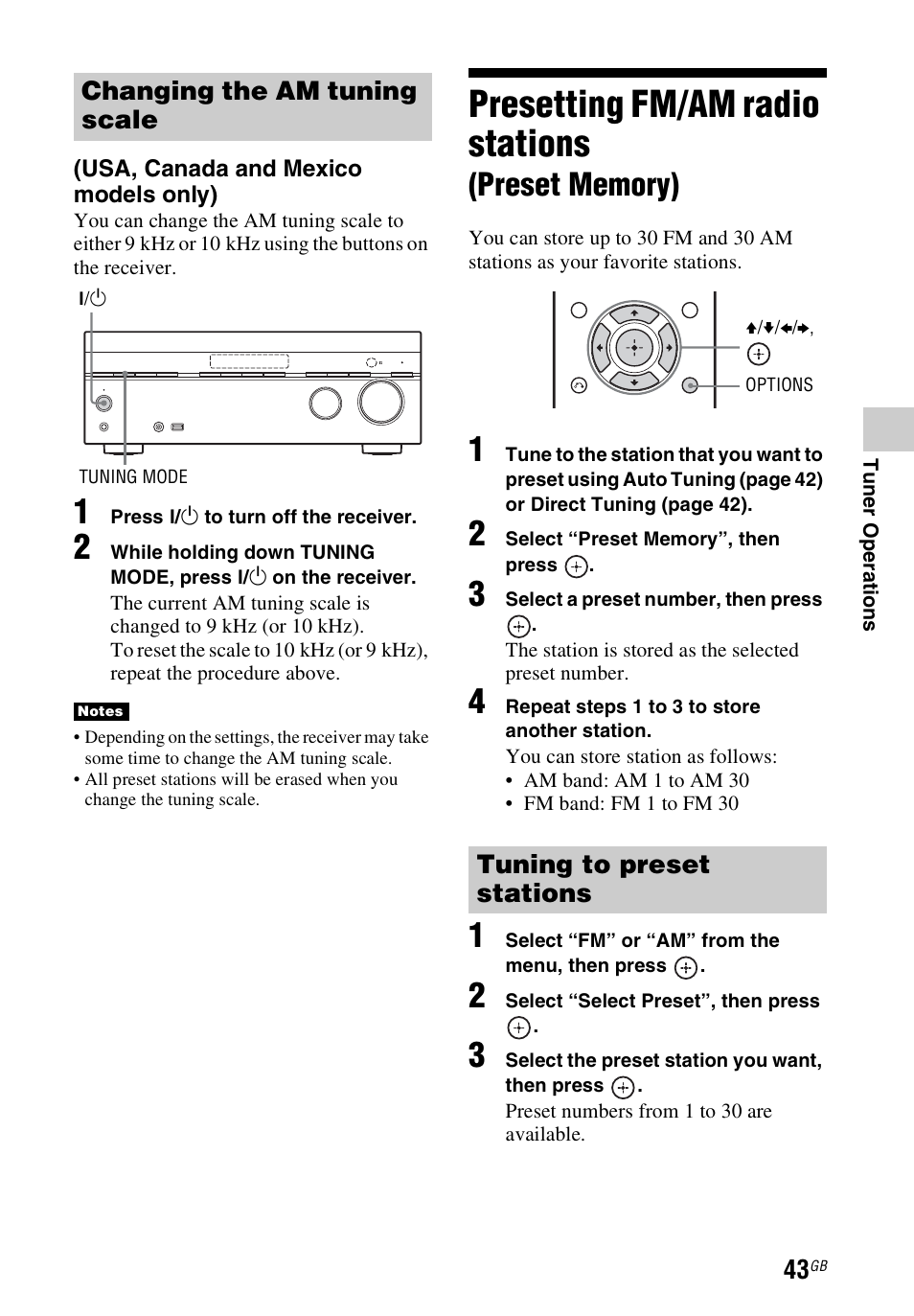 Presetting fm/am radio stations (preset memory), Presetting fm/am radio stations, Preset memory) | Changing the am tuning scale, Tuning to preset stations | Sony STR-DH740 User Manual | Page 43 / 88