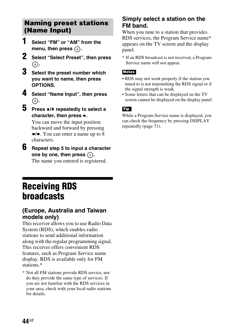 Receiving rds broadcasts, Europe, australia and taiwan models only), Naming preset stations (name input) | Sony STR-DH740 User Manual | Page 44 / 88