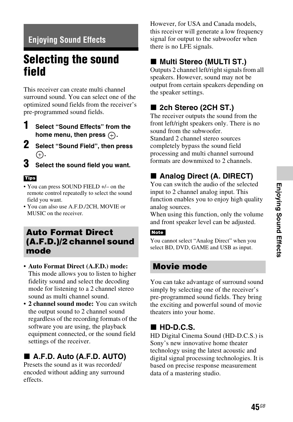 Enjoying sound effects, Selecting the sound field, Auto format direct (a.f.d.)/2 channel sound mode | Movie mode | Sony STR-DH740 User Manual | Page 45 / 88