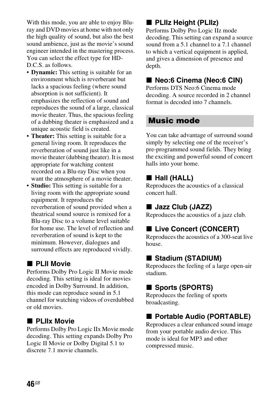 Music mode | Sony STR-DH740 User Manual | Page 46 / 88