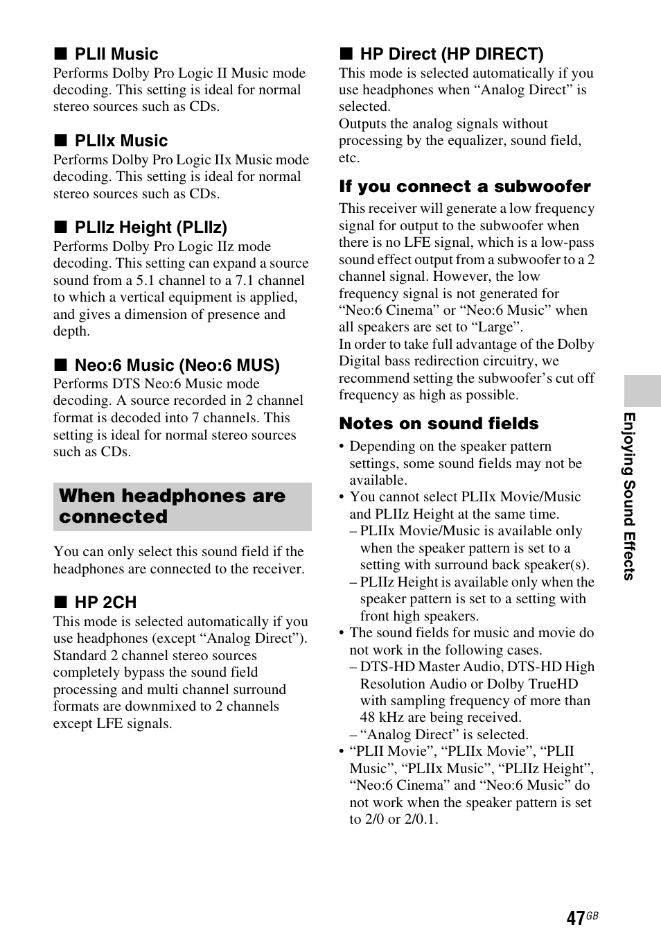 When headphones are connected | Sony STR-DH740 User Manual | Page 47 / 88