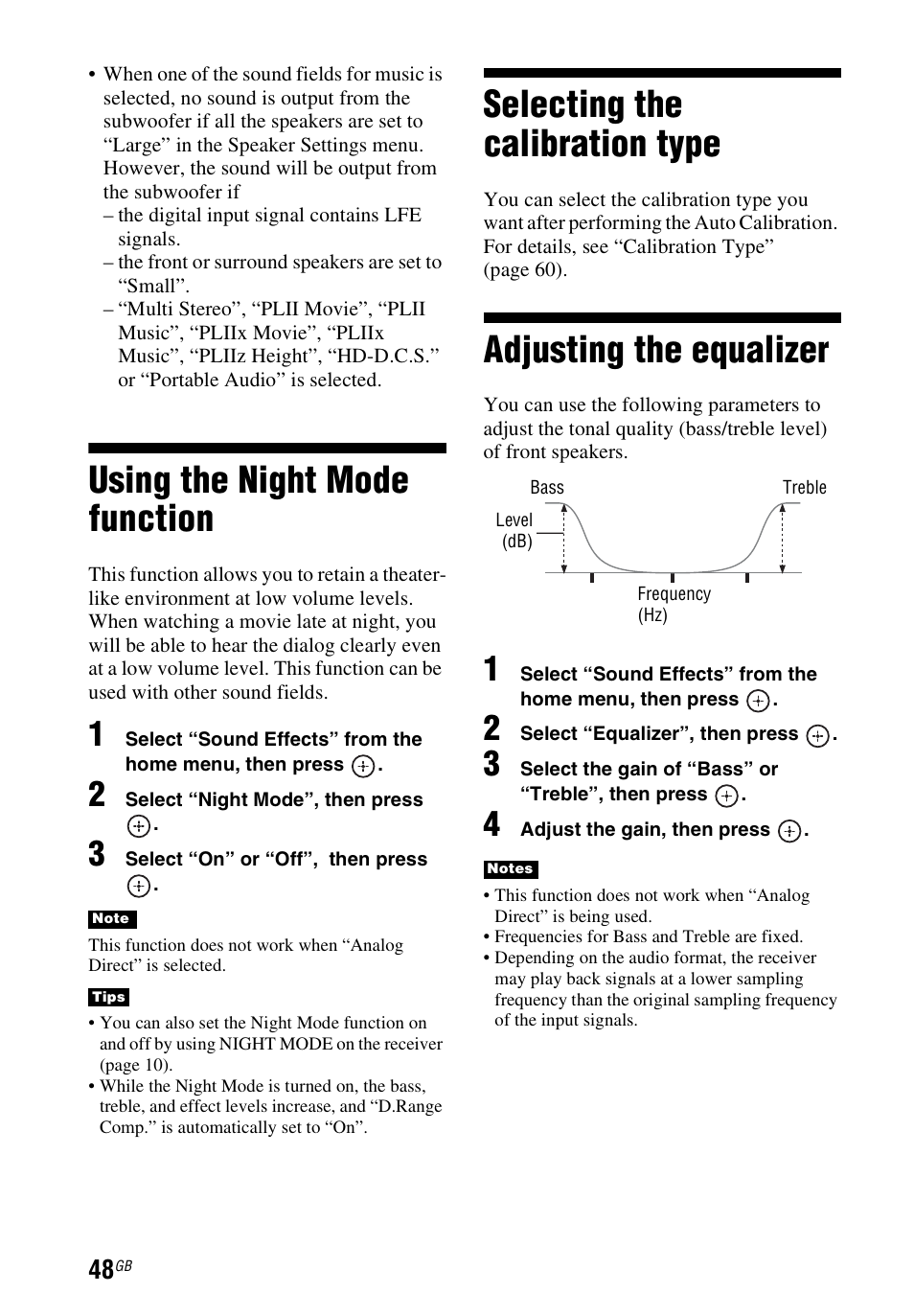 Using the night mode function, Selecting the calibration type, Adjusting the equalizer | Sony STR-DH740 User Manual | Page 48 / 88