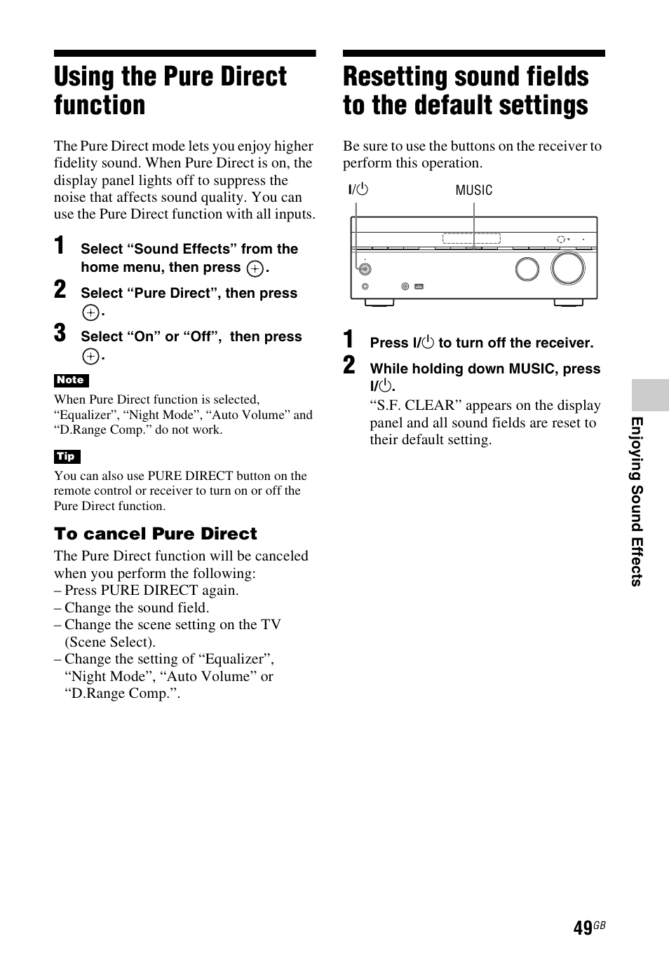 Using the pure direct function, Resetting sound fields to the default settings, Default settings | Sony STR-DH740 User Manual | Page 49 / 88