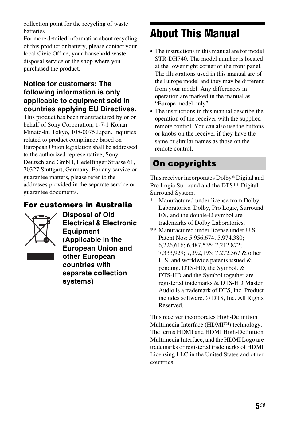 About this manual, On copyrights | Sony STR-DH740 User Manual | Page 5 / 88