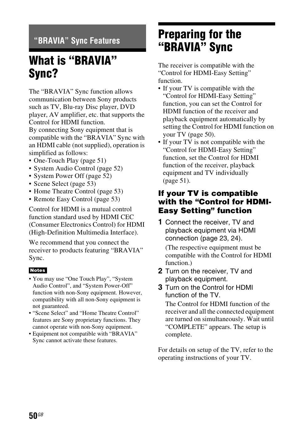 Bravia” sync features, What is “bravia” sync, Preparing for the “bravia” sync | What is “bravia” sync? preparing for the “bravia, Sync | Sony STR-DH740 User Manual | Page 50 / 88