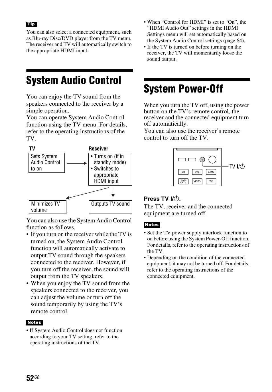 System audio control, System power-off, System audio control system power-off | Sony STR-DH740 User Manual | Page 52 / 88