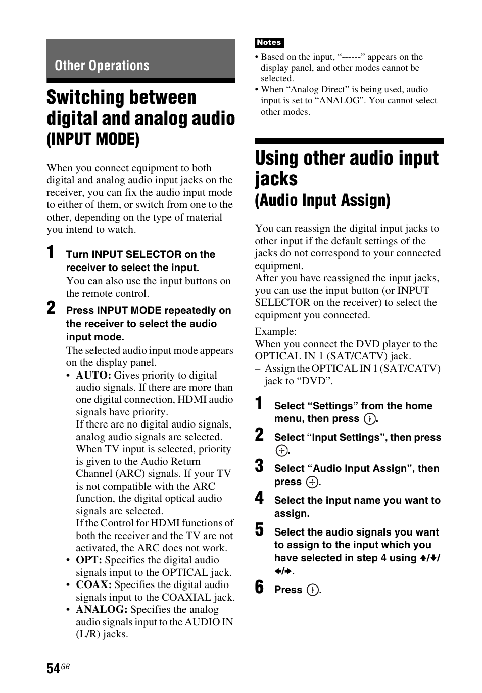 Other operations, Using other audio input jacks (audio input assign), Switching between digital and | Analog audio (input mode), Using other audio input jacks, Audio input assign), Switching between digital and analog audio, Input mode) | Sony STR-DH740 User Manual | Page 54 / 88