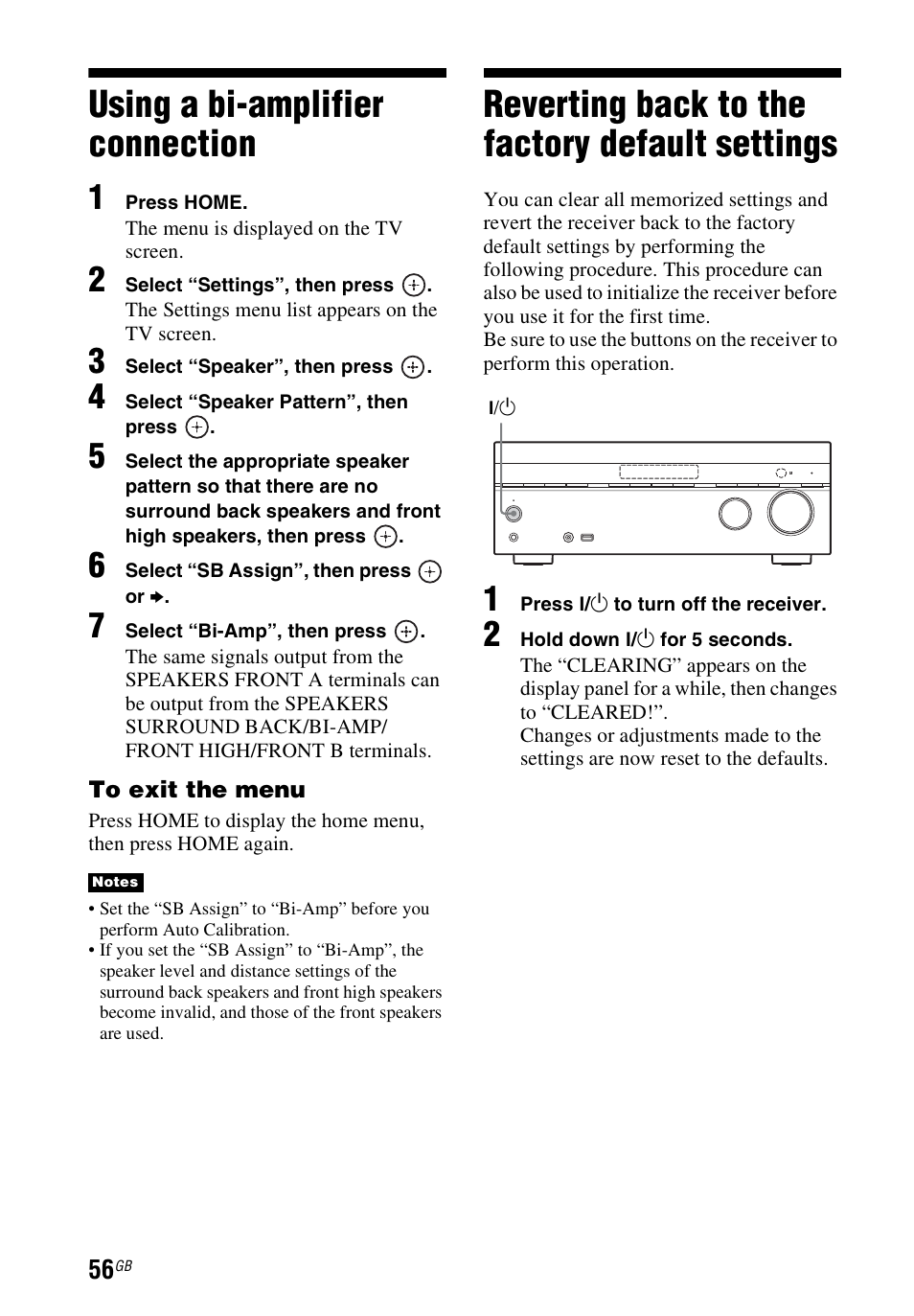 Using a bi-amplifier connection, Reverting back to the factory default settings, Using a bi-amplifier | Connection, Reverting back to the factory, Default settings | Sony STR-DH740 User Manual | Page 56 / 88