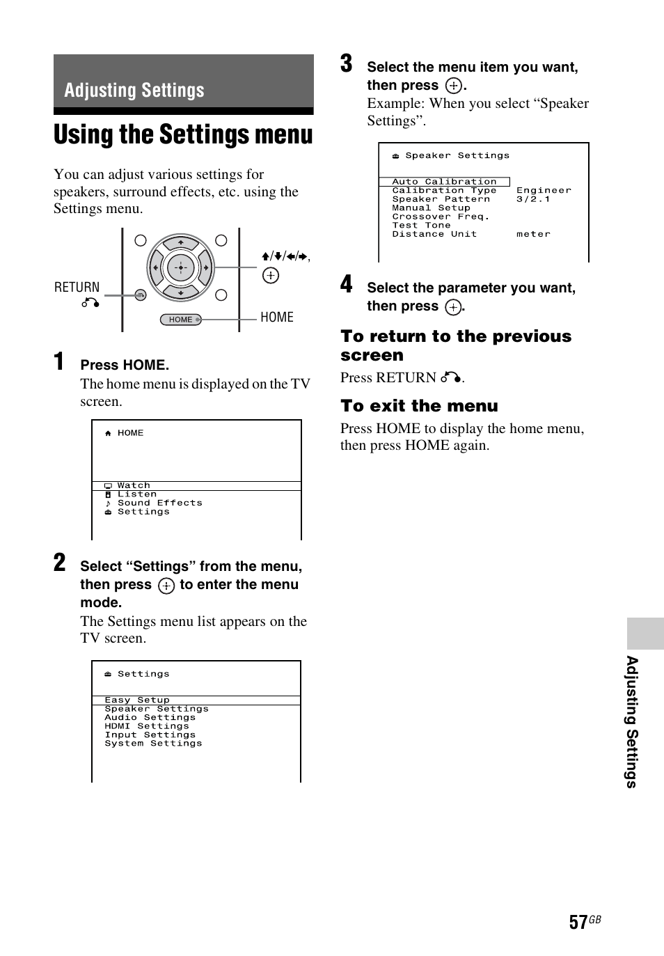 Adjusting settings, Using the settings menu | Sony STR-DH740 User Manual | Page 57 / 88