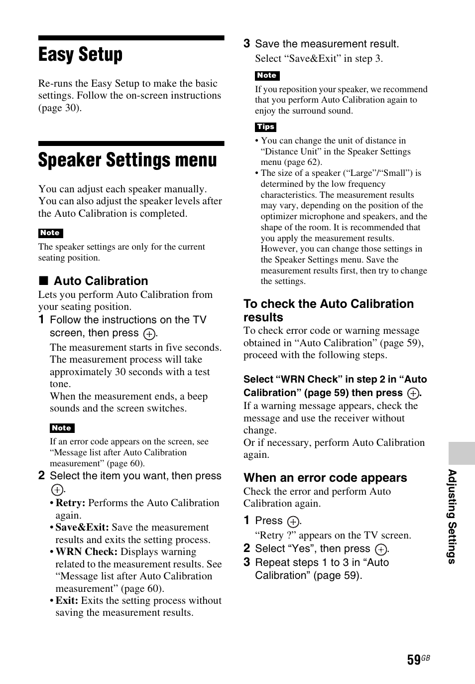 Easy setup, Speaker settings menu, Easy setup speaker settings menu | Sony STR-DH740 User Manual | Page 59 / 88
