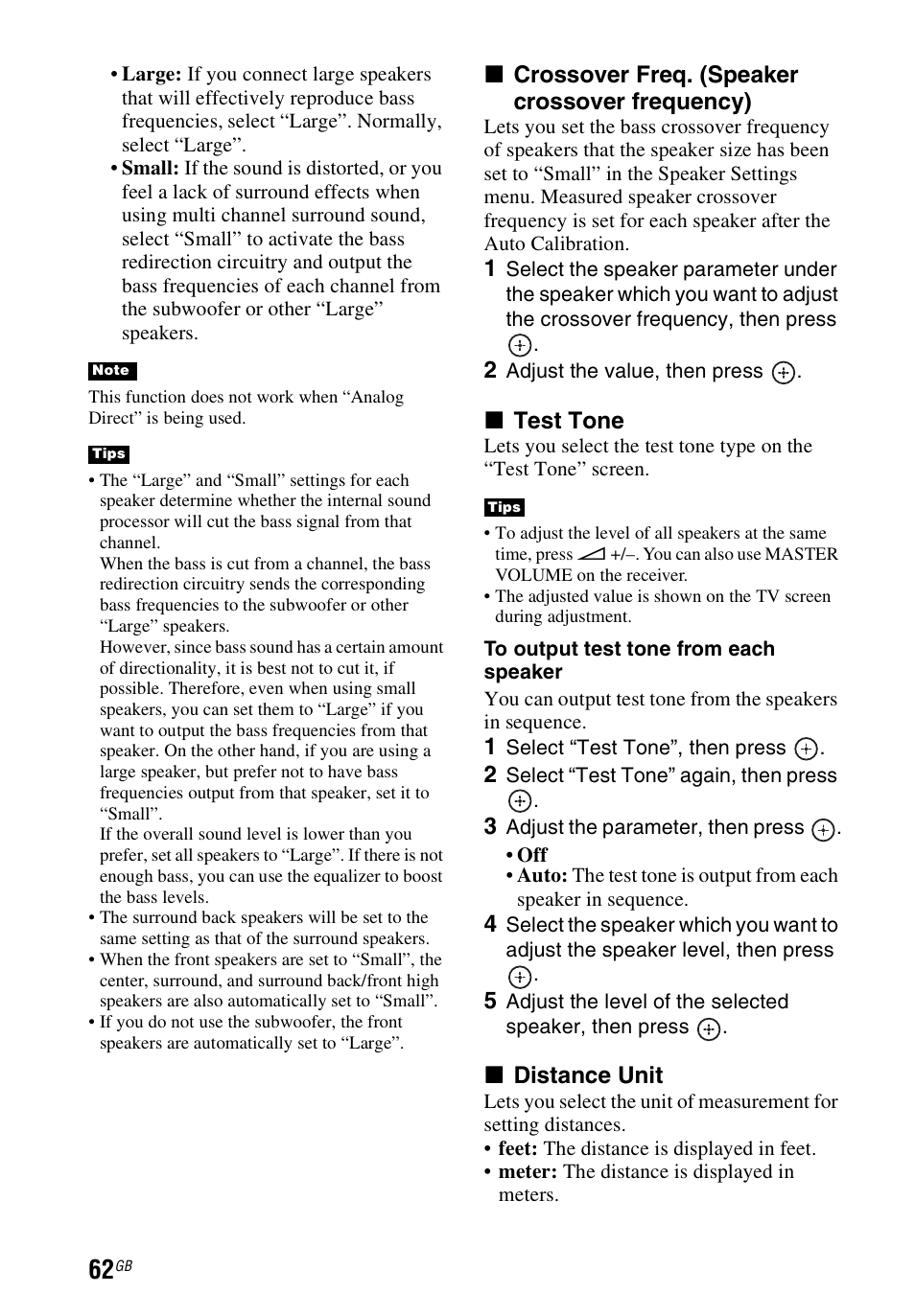 X crossover freq. (speaker crossover frequency), X test tone, X distance unit | Sony STR-DH740 User Manual | Page 62 / 88