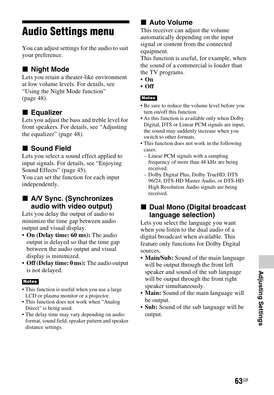 Audio settings menu | Sony STR-DH740 User Manual | Page 63 / 88