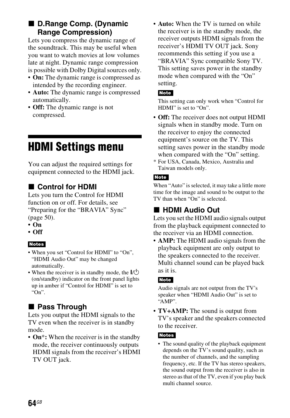 Hdmi settings menu, X d.range comp. (dynamic range compression), X control for hdmi | X pass through, X hdmi audio out | Sony STR-DH740 User Manual | Page 64 / 88