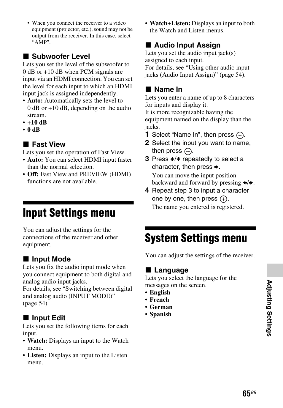 Input settings menu, System settings menu, Input settings menu system settings menu | Sony STR-DH740 User Manual | Page 65 / 88