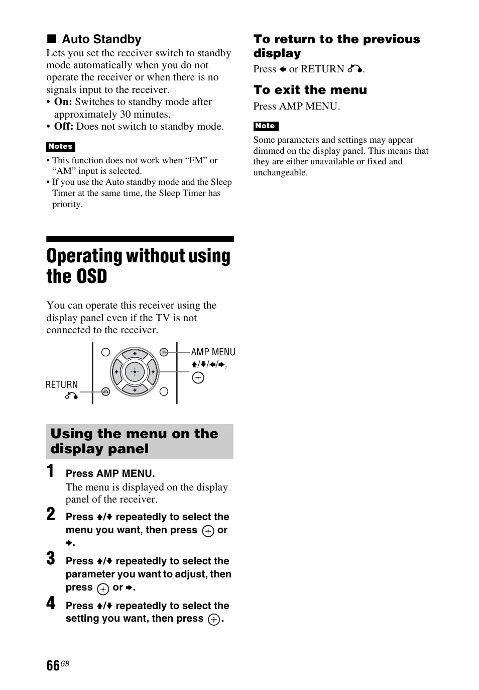 Operating without using the osd, Operating without using the, Using the menu on the display panel | Sony STR-DH740 User Manual | Page 66 / 88