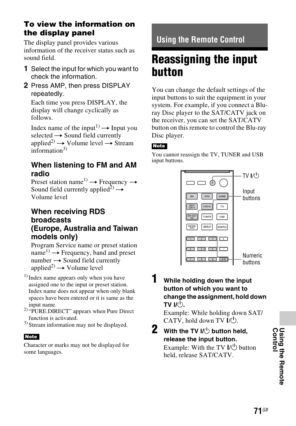Using the remote control, Reassigning the input button | Sony STR-DH740 User Manual | Page 71 / 88