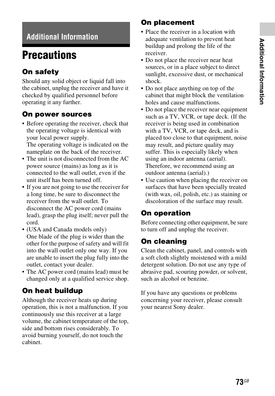 Additional information, Precautions | Sony STR-DH740 User Manual | Page 73 / 88
