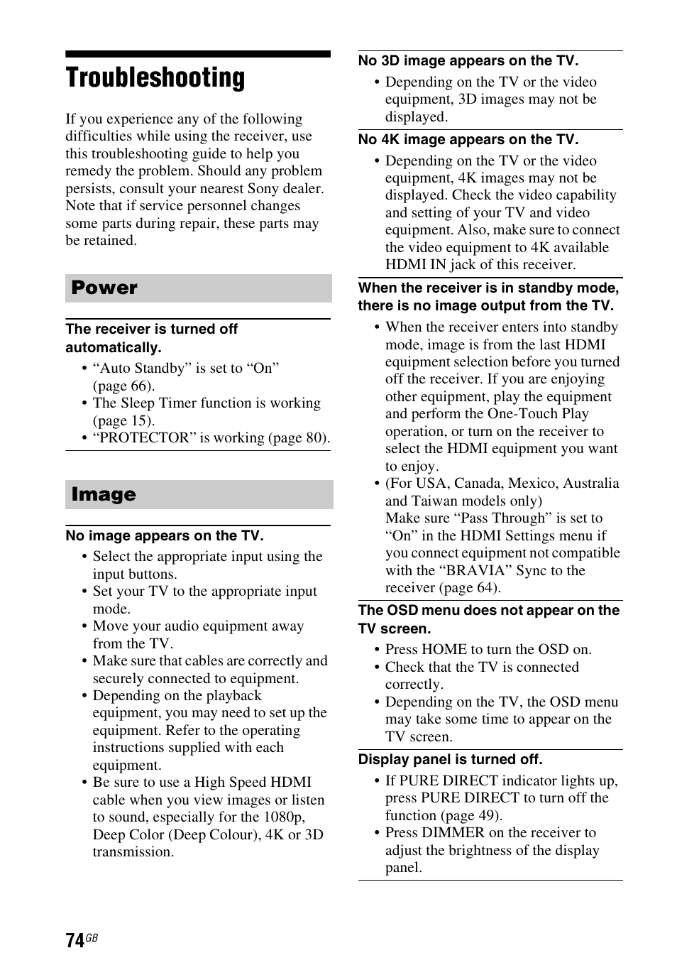 Troubleshooting, Power image | Sony STR-DH740 User Manual | Page 74 / 88