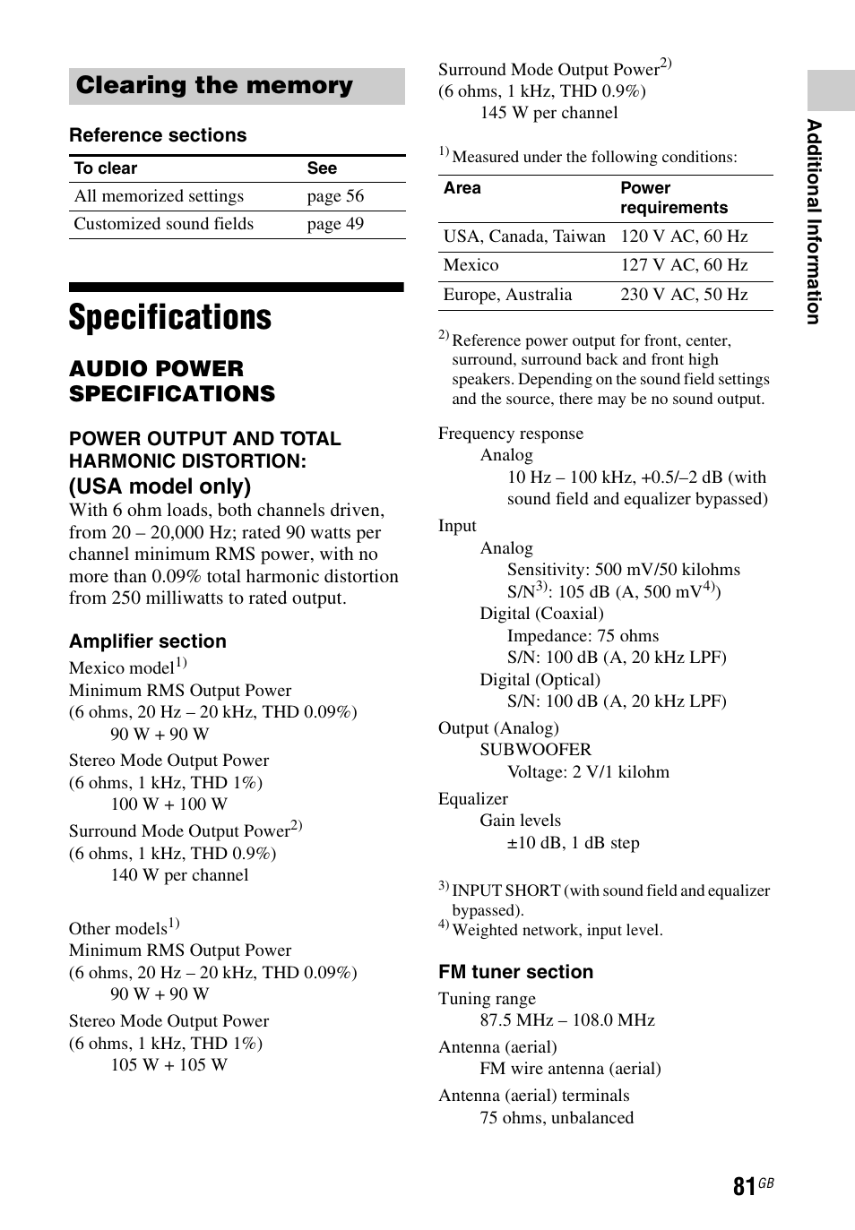 Specifications, Audio power specifications, Usa model only) | Sony STR-DH740 User Manual | Page 81 / 88