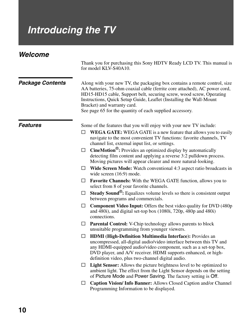 Introducing the tv, Welcome, Package contents | Features, Package contents features | Sony KLV-S40A10 User Manual | Page 10 / 68