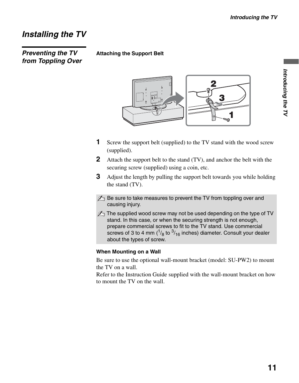 Installing the tv, Preventing the tv from toppling over | Sony KLV-S40A10 User Manual | Page 11 / 68