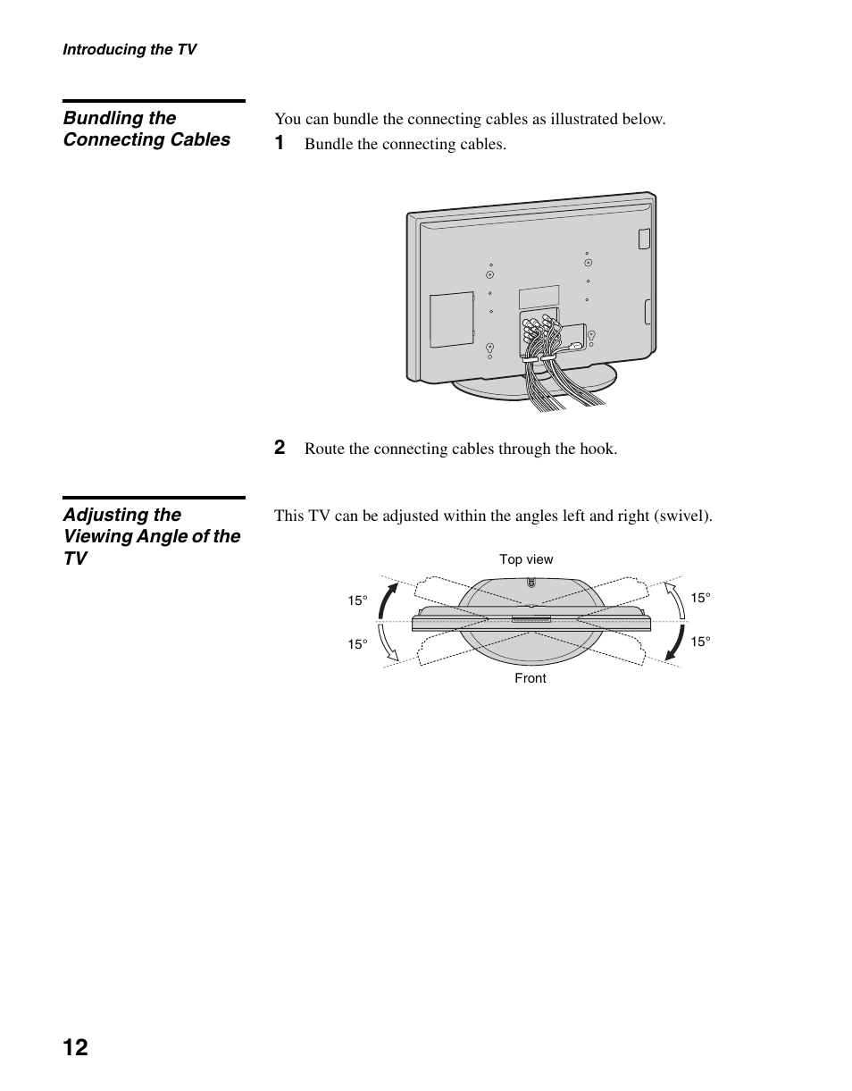 Bundling the connecting cables, Adjusting the viewing angle of the tv | Sony KLV-S40A10 User Manual | Page 12 / 68