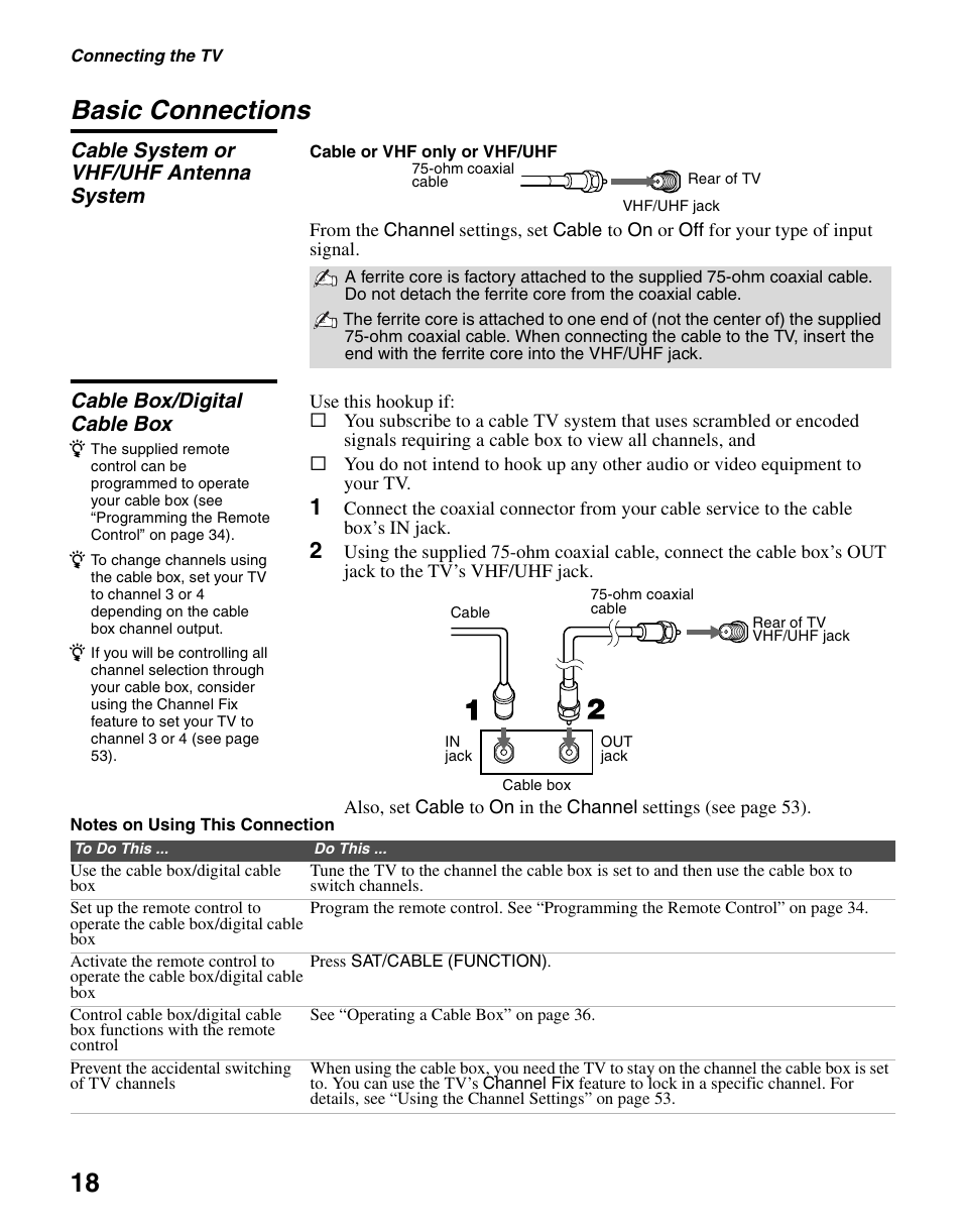 Basic connections, Cable system or vhf/uhf antenna system, Cable box/digital cable box | 18 basic connections | Sony KLV-S40A10 User Manual | Page 18 / 68